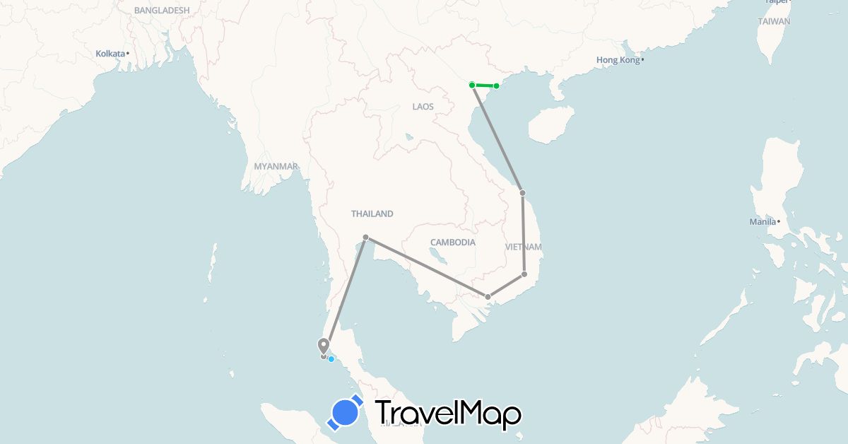 TravelMap itinerary: bus, plane, boat in Thailand, Vietnam (Asia)